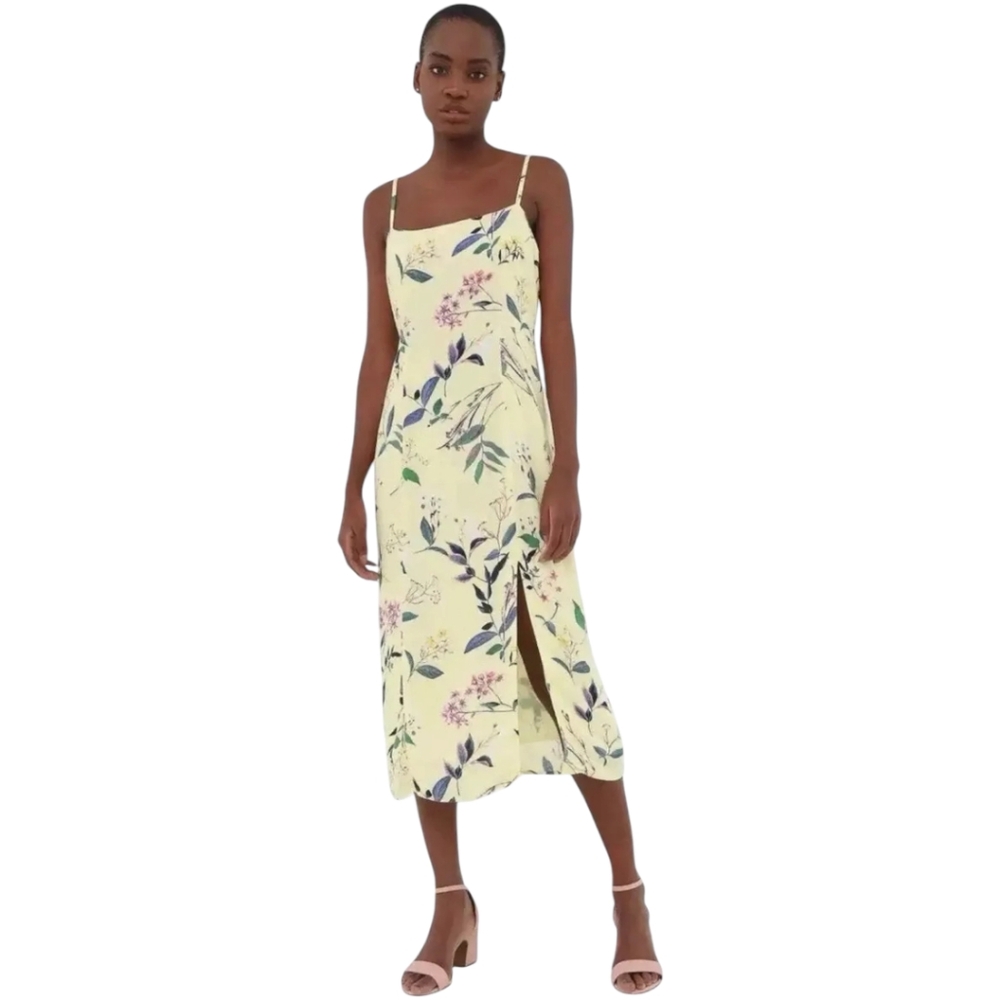 Banana Republic Yellow Floral Ecovero Square Neck Side Slit Midi Dress